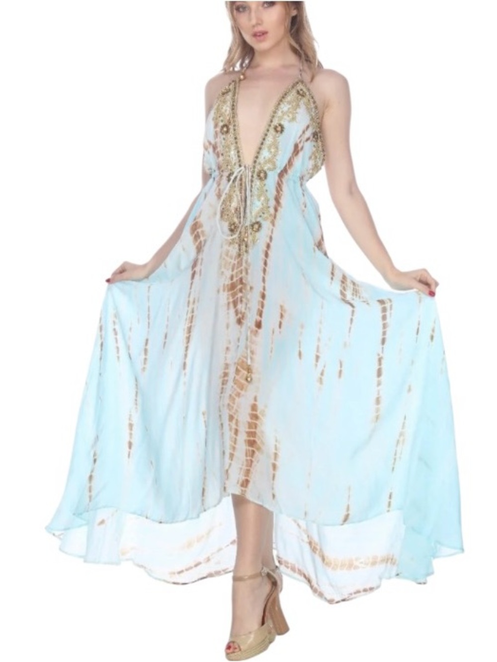 Beaded Halter Maxi Dress in Light Blue and Brown